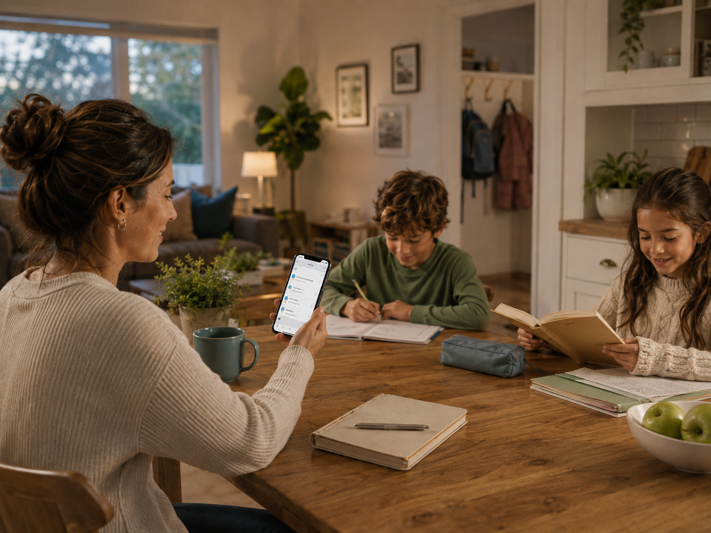 Family evening routine with homework and organized child-related tasks