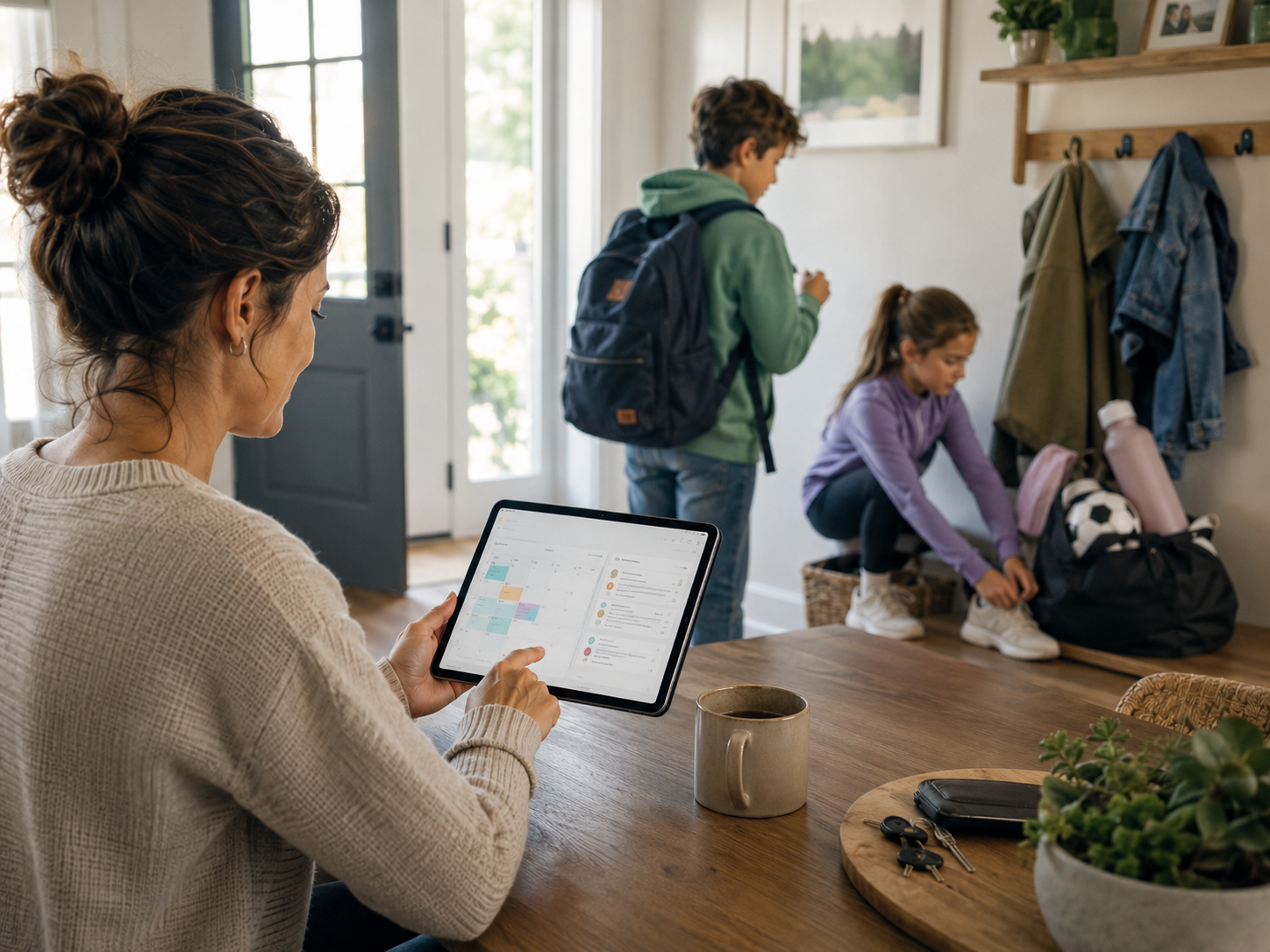 Parent managing kids schedules while children get ready for the day